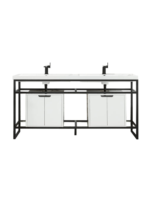 James Martin Furniture - Boston 63" Stainless Steel Sink Console (Double Basins), Matte Black w/ Glossy White Storage Cabinet, White Glossy Composite Countertop - C105V63MBKSCGWWG - GreatFurnitureDeal