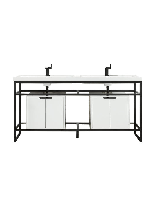 James Martin Furniture - Boston 63" Stainless Steel Sink Console (Double Basins), Matte Black w/ Glossy White Storage Cabinet, White Glossy Composite Countertop - C105V63MBKSCGWWG