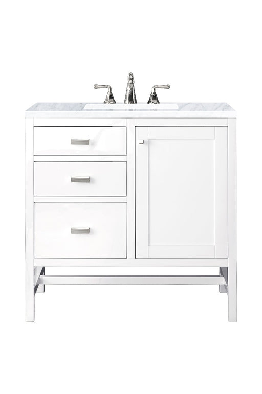 James Martin Furniture - Addison 36" Single Vanity Cabinet, Glossy White, w- 3 CM Carrara White Top - E444-V36-GW-3CAR - GreatFurnitureDeal