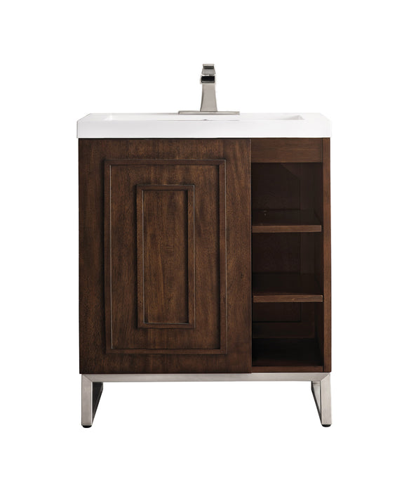 James Martin Furniture - Alicante' 24" Single Vanity Cabinet, Mid Century Acacia, Brushed Nickel w/White Glossy Composite Countertop - E110V24MCABNKWG - GreatFurnitureDeal