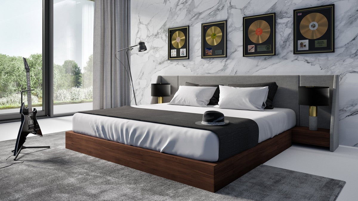 VIG Furniture - Nova Domus Janice - Modern Grey Fabric and Walnut Bed and Nightstands - VGMA-BR-88-BED