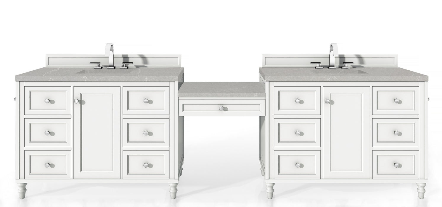 James Martin Furniture - Copper Cove Encore 122" Double Vanity Set, Bright White w- Makeup Table, 3 CM Eternal Serena Quartz Top - 301-V122-BW-DU-3ESR - GreatFurnitureDeal