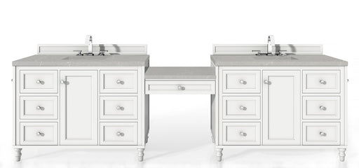 James Martin Furniture - Copper Cove Encore 122" Double Vanity Set, Bright White w- Makeup Table, 3 CM Eternal Serena Quartz Top - 301-V122-BW-DU-3ESR - GreatFurnitureDeal