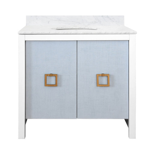Worlds Away - Bath Vanity With Textured Light Blue Linen Doors, Matte White Lacquer Surround, Ant Brass Hardware, White Marble Top, And Porcelain Sink - APRIL LB - GreatFurnitureDeal