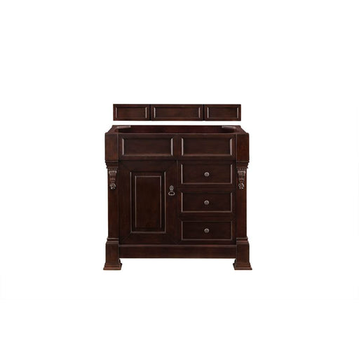 James Martin Furniture - Brookfield 36" Burnished Mahogany Single Vanity  w- 3 CM Eternal Jasmine Pearl Quartz Top - 147-114-5566-3EJP - GreatFurnitureDeal