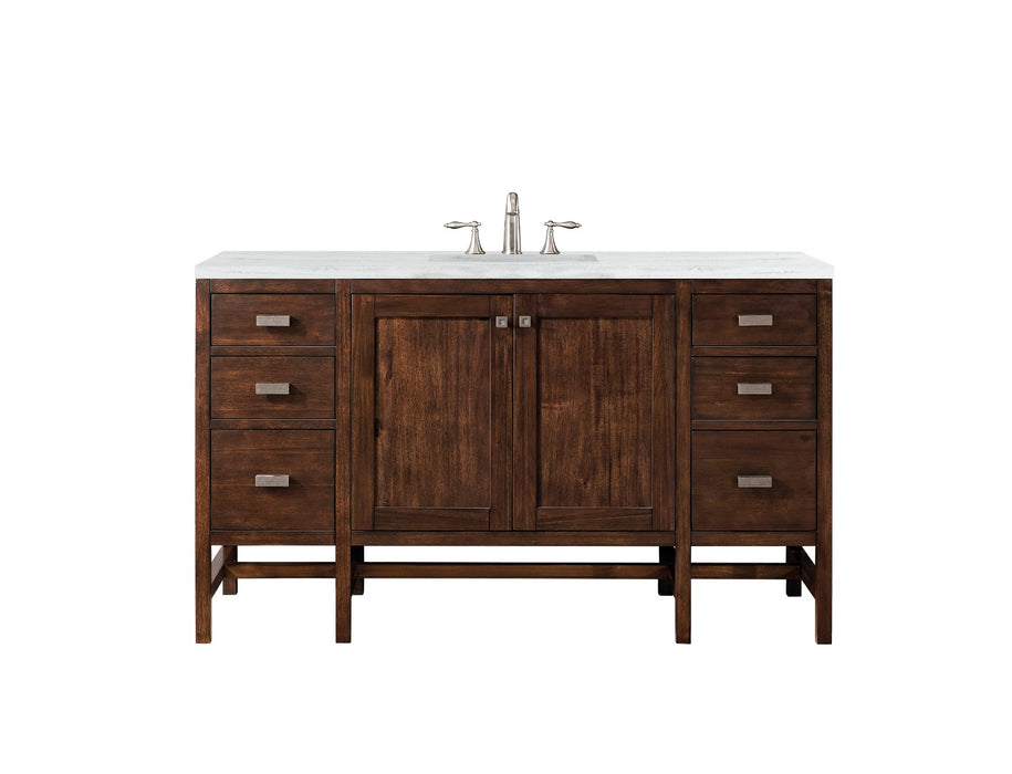 James Martin Furniture - Addison 60" Single Vanity Cabinet , Mid Century Acacia, w- 3 CM Arctic Fall Solid Surface Countertop - E444-V60S-MCA-3AF - GreatFurnitureDeal