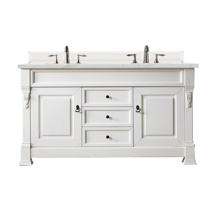 James Martin Furniture - Brookfield 60" Bright White Double Vanity w/ 3 CM Ethereal Noctis Quartz Top - 147-V60D-BW-3ENC