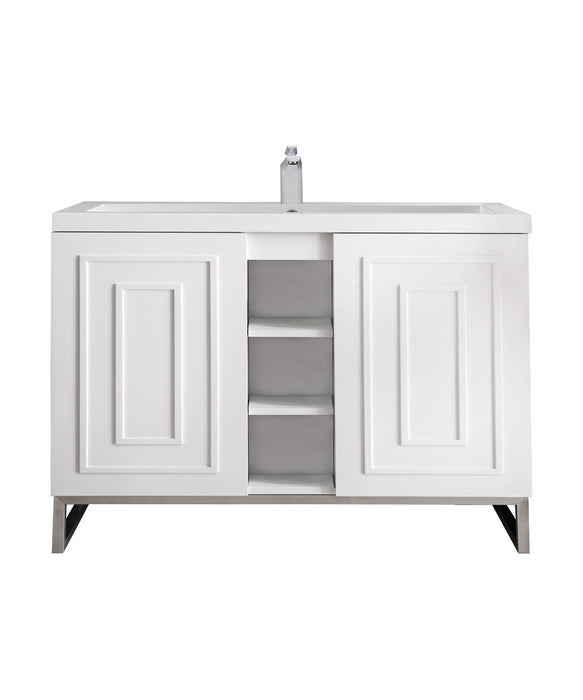 James Martin Furniture - Alicante' 39.5" Single Vanity Cabinet, Glossy White, Brushed Nickel w/White Glossy Composite Countertop - E110V39.5GWBNKWG - GreatFurnitureDeal