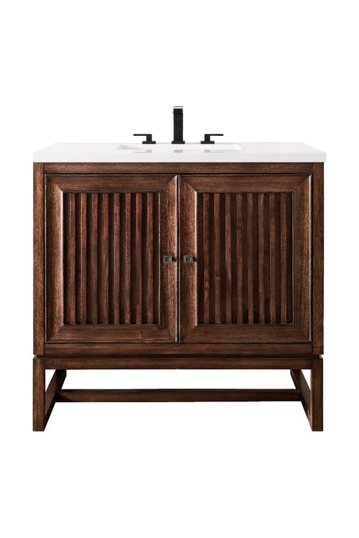 James Martin Furniture - Athens 36" Single Vanity Cabinet, Mid Century Acacia, w- 3 CM Classic White Quartz Top - E645-V36-MCA-3CLW - GreatFurnitureDeal