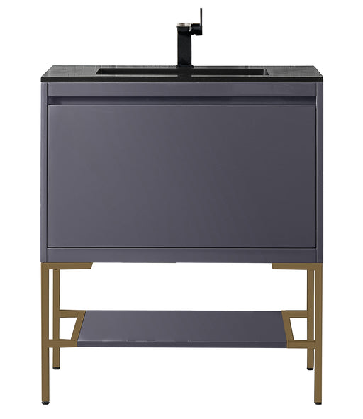 James Martin Furniture - Milan 31.5" Single Vanity Cabinet, Modern Grey Glossy, Radiant Gold w/Charcoal Black Composite Top - 801V31.5MGGRGDCHB - GreatFurnitureDeal