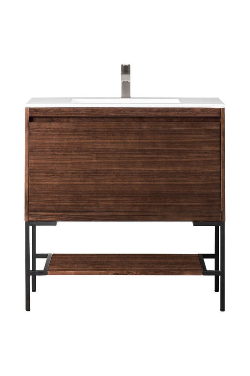 James Martin Furniture - Milan 35.4" Single Vanity Cabinet, Mid Century Walnut, Matte Black w-Glossy White Composite Top - 801V35.4WLTMBKGW - GreatFurnitureDeal