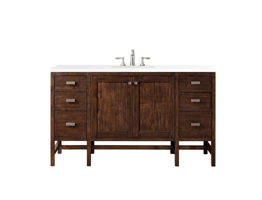 James Martin Furniture - Addison 60" Single Vanity Cabinet , Mid Century Acacia, w- 3 CM Classic White Quartz Top - E444-V60S-MCA-3CLW - GreatFurnitureDeal