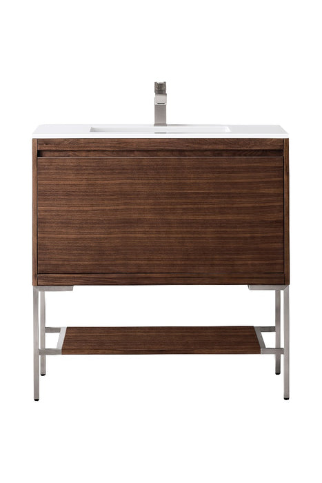 James Martin Furniture - Milan 35.4" Single Vanity Cabinet, Mid Century Walnut, Brushed Nickel w-Glossy White Composite Top - 801V35.4WLTBNKGW - GreatFurnitureDeal