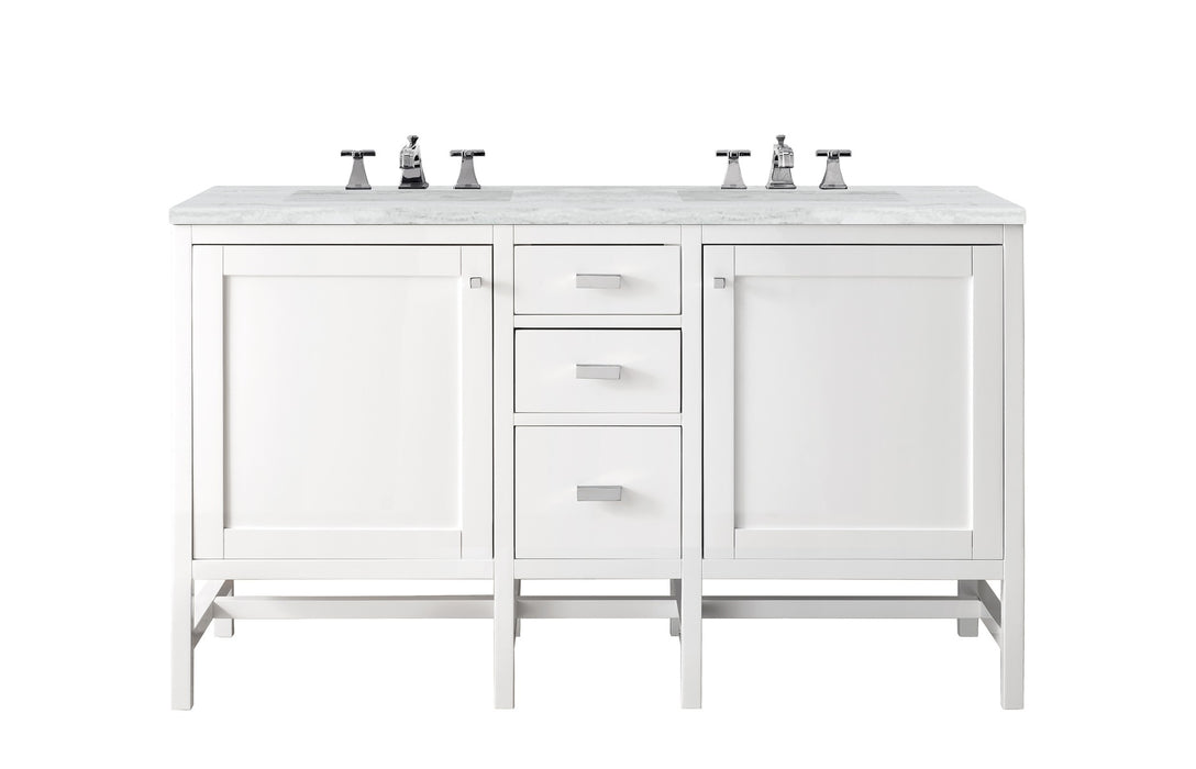 James Martin Furniture - Addison 60" Double Vanity Cabinet, Glossy White, w- 3 CM Arctic Fall Solid Surface Countertop - E444-V60D-GW-3AF - GreatFurnitureDeal
