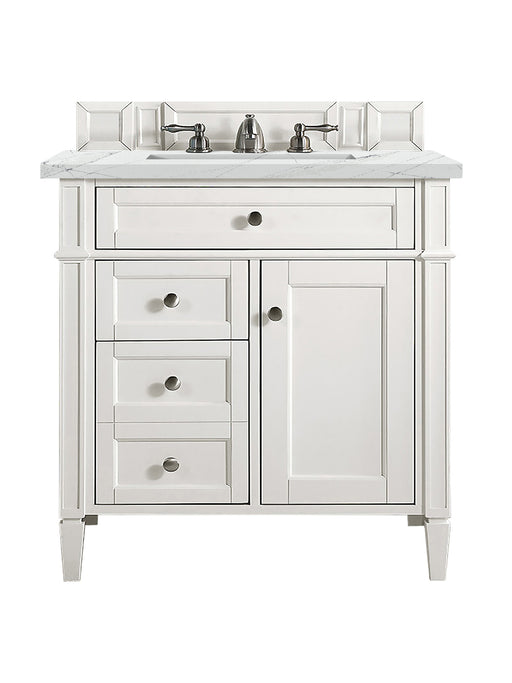 James Martin Furniture - Brittany 30" Single Vanity, Bright White, w/ 3 CM Ethereal Noctis Quartz Top - 655-V30-BW-3ENC - GreatFurnitureDeal