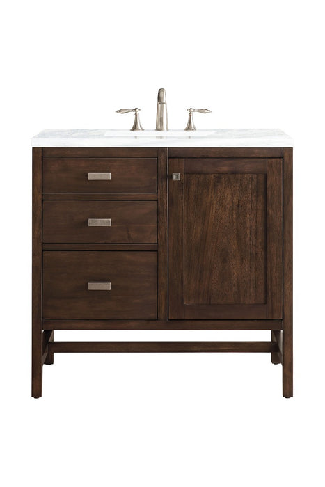 James Martin Furniture - Addison 36" Single Vanity Cabinet, Mid Century Acacia, w- 3 CM Arctic Fall Solid Surface Countertop - E444-V36-MCA-3AF - GreatFurnitureDeal