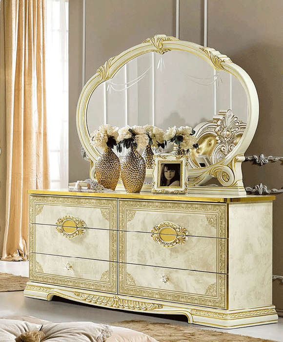 ESF Furniture - Leonardo Double Dresser with Mirror Set in Ivory-Gold - LEONARDODRESSER-M ESF Furniture - Leonardo Double Dresser with Mirror Set in Ivory-Gold - LEONARDODRESSER-M