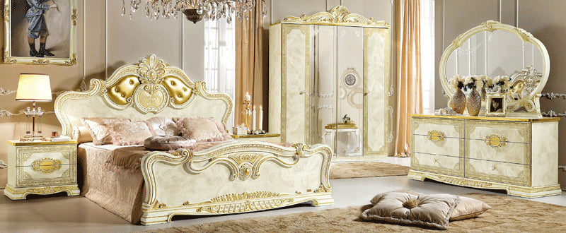 ESF Furniture - Leonardo 5 Piece Bedroom King Panel Bed Set in Ivory-Gold - LEONARDOBEDK.S.-5SET - GreatFurnitureDeal