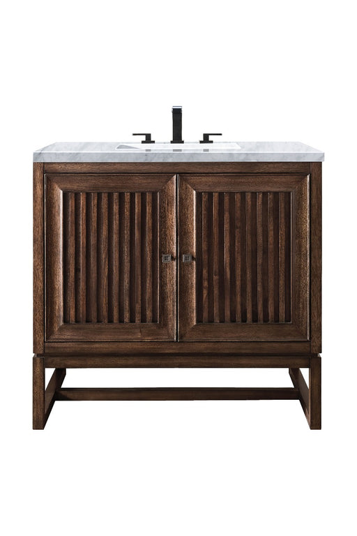 James Martin Furniture - Athens 36" Single Vanity Cabinet, Mid Century Acacia, w- 3 CM Carrara White Top - E645-V36-MCA-3CAR - GreatFurnitureDeal