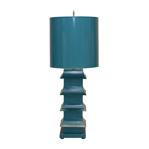 Worlds Away - Turquoise Painted Large Tole Pagoda Lamp W. 13" Dia Painted Tole Shade - LMPHL-TU