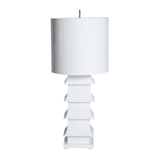 Worlds Away - White Painted Large Tole Pagoda Lamp W. 13" Dia Painted Tole Shade - LMPHL-WH