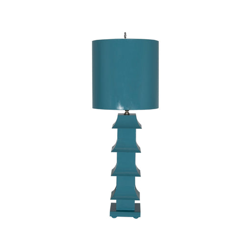 Worlds Away - Turquoise Painted Tole Pagoda Lamp W. 11" Dia Painted Tole Shade - LMPHTU - GreatFurnitureDeal