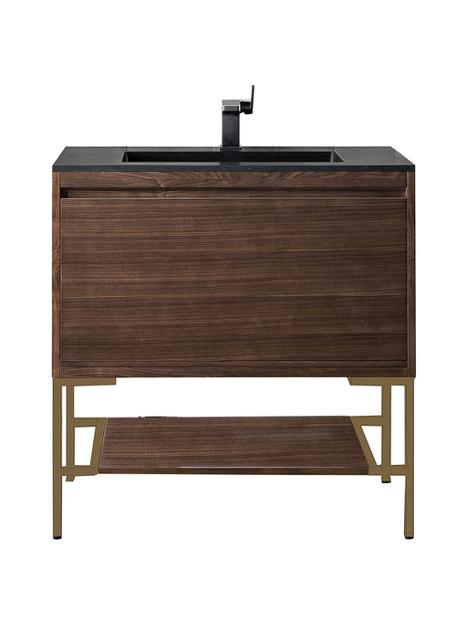 James Martin Furniture - Milan 31.5" Single Vanity Cabinet, Mid Century Walnut, Radiant Gold w/Charcoal Black Composite Top - 801V31.5WLTRGDCHB - GreatFurnitureDeal