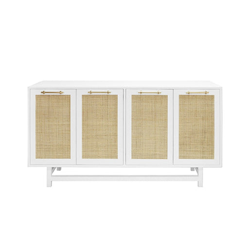 Worlds Away - Macon Four Door Cabinet With Cane Door Fronts And Brass Hardware In Matte White Lacquer - MACON WH - GreatFurnitureDeal