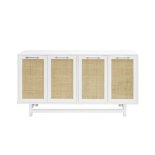 Worlds Away - Macon Four Door Cabinet With Cane Door Fronts And Nickel Hardware In Matte White Lacquer - MACON WHN - GreatFurnitureDeal