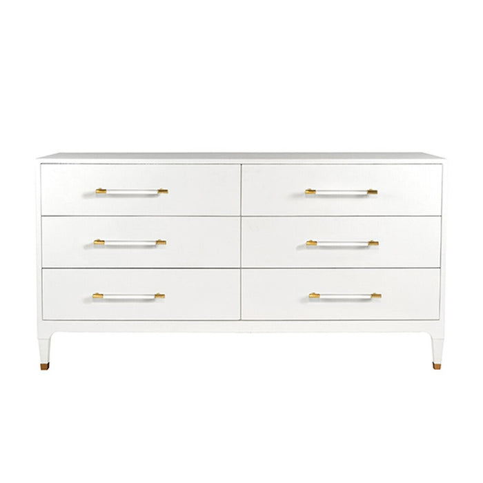 Worlds Away - Maren Six Drawer Chest In Textured White Linen With Antique Brass And Acrylic Hardware - MAREN WHL - GreatFurnitureDeal