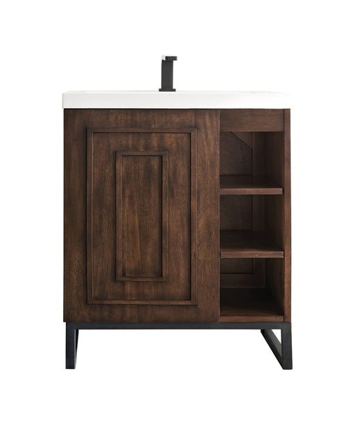 James Martin Furniture - Alicante' 24" Single Vanity Cabinet, Mid Century Acacia, Matte Black w/White Glossy Composite Countertop - E110V24MCAMBKWG - GreatFurnitureDeal