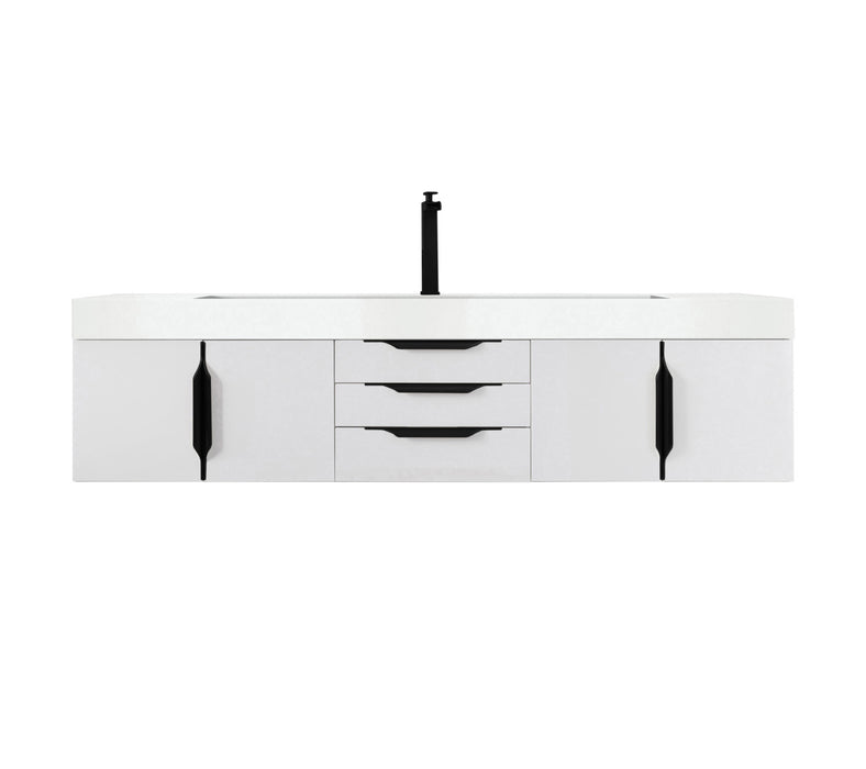 James Martin Furniture - Mercer Island 72" Single Vanity, Glossy White, Matte Black w/ Glossy White Composite Top - 389-V72S-GW-MB-GW