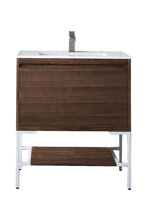 James Martin Furniture - Milan 31.5" Single Vanity Cabinet, Mid Century Walnut, Glossy White w-Glossy White Composite Top - 801V31.5WLTGWGW - GreatFurnitureDeal
