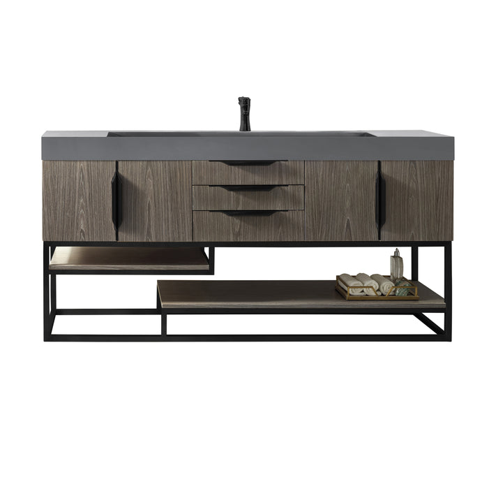 James Martin Furniture - Columbia 72" Single Vanity, Ash Gray, Matte Black w/ Dusk Grey Glossy Composite Top - 388-V72S-AGR-MB-DGG