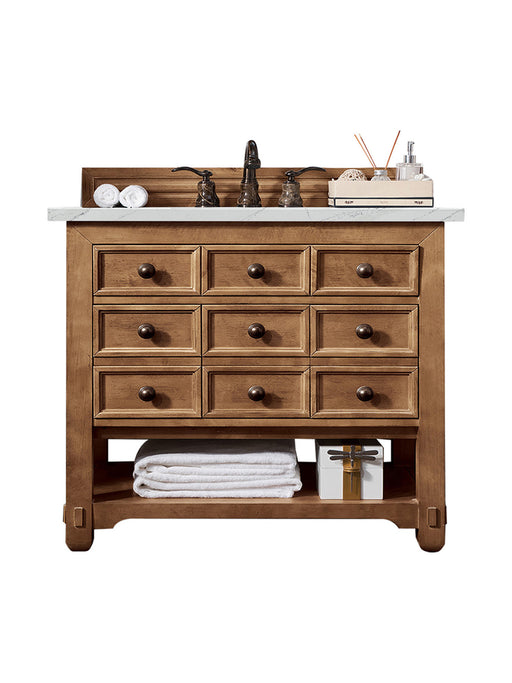 James Martin Furniture - Malibu 36" Single Vanity Cabinet, Honey Alder, w/ 3 CM Ethereal Noctis Quartz Top - 500-V36-HON-3ENC - GreatFurnitureDeal