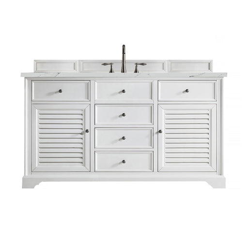 James Martin Furniture - Savannah 60" Single Vanity Cabinet, Bright White, w/ 3 CM Ethereal Noctis Quartz Top - 238-104-V60S-BW-3ENC - GreatFurnitureDeal
