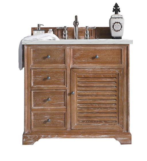James Martin Furniture - Savannah 36" Single Vanity Cabinet, Driftwood, w/ 3 CM Ethereal Noctis Quartz Top - 238-104-5511-3ENC - GreatFurnitureDeal