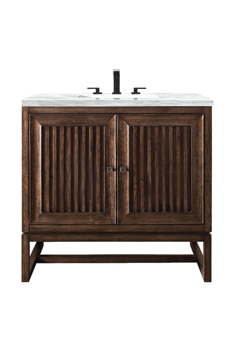 James Martin Furniture - Athens 36" Single Vanity Cabinet, Mid Century Acacia, w- 3 CM Arctic Fall Solid Surface Countertop - E645-V36-MCA-3AF - GreatFurnitureDeal