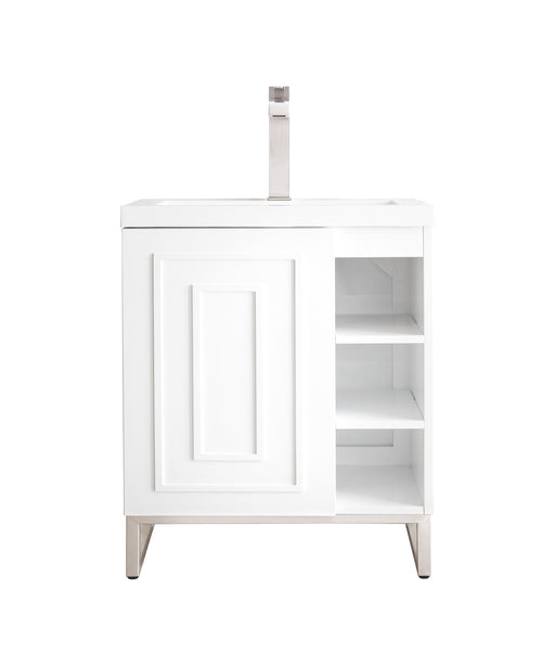 James Martin Furniture - Alicante' 24" Single Vanity Cabinet, Glossy White, Brushed Nickel w/White Glossy Composite Countertop - E110V24GWBNKWG - GreatFurnitureDeal