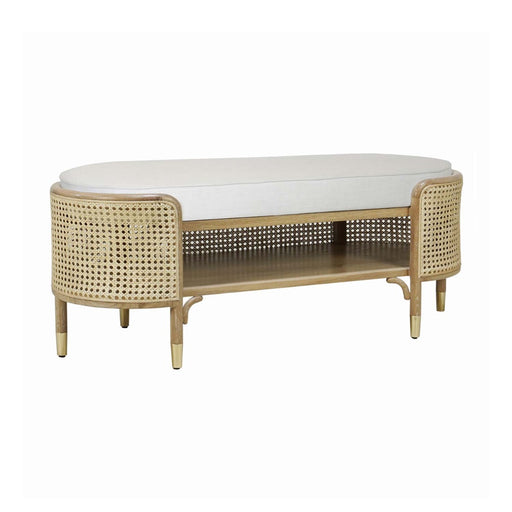 Worlds Away - Oval Bench In Cerused Oak And Natural Cane With White Linen Cushion - BEALE CO - GreatFurnitureDeal