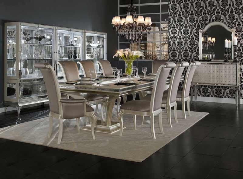 AICO Furniture - Hollywood Swank Modern 9 Piece 92"-140" Double Pedestal Dining Room Set in Pearl Caviar - NT03002-11-9SET - GreatFurnitureDeal