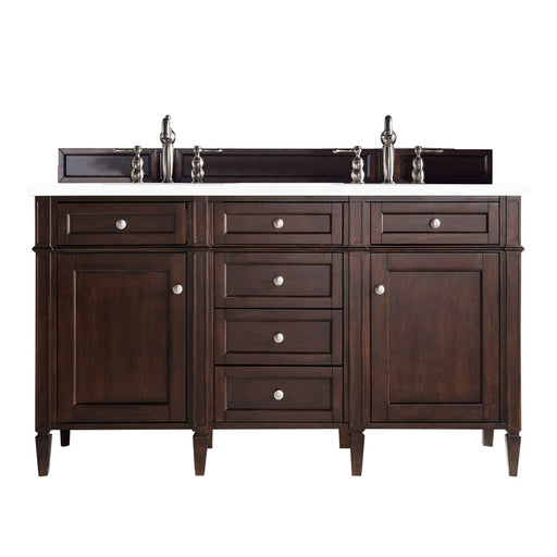 James Martin Furniture - Brittany 60" Burnished Mahogany Double Vanity w- 3 CM Classic White Quartz Top - 650-V60D-BNM-3CLW - GreatFurnitureDeal