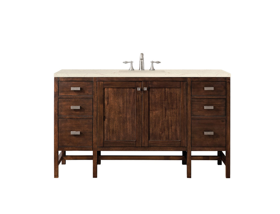 James Martin Furniture - Addison 60" Single Vanity Cabinet , Mid Century Acacia, w- 3 CM Eternal Marfil Quartz Top - E444-V60S-MCA-3EMR - GreatFurnitureDeal