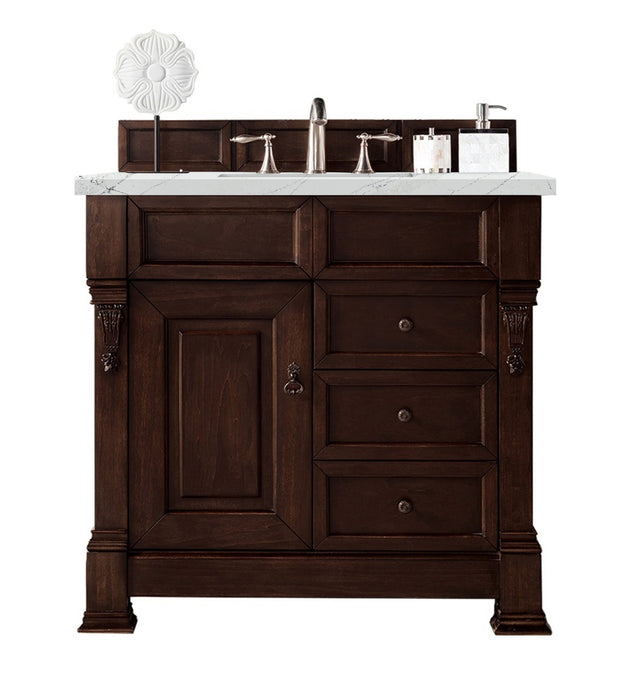 James Martin Furniture - Brookfield 36" Burnished Mahogany Single Vanity  w/ 3 CM Ethereal Noctis Quartz Top - 147-114-5566-3ENC - GreatFurnitureDeal