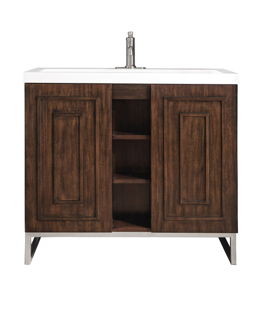 James Martin Furniture - Alicante' 39.5" Single Vanity Cabinet, Mid Century Acacia, Brushed Nickel w/White Glossy Composite Countertop - E110V39.5MCABNKWG - GreatFurnitureDeal