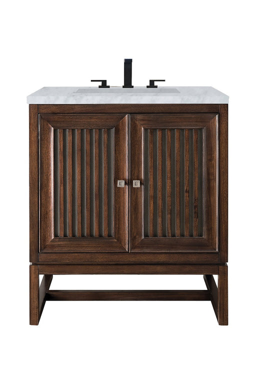 James Martin Furniture - Athens 30" Single Vanity Cabinet, Mid Century Acacia, w- 3 CM Carrara White Top - E645-V30-MCA-3CAR - GreatFurnitureDeal