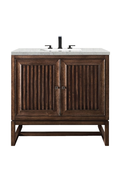 James Martin Furniture - Athens 36" Single Vanity Cabinet, Mid Century Acacia, w- 3 CM Eternal Jasmine Pearl Quartz Top - E645-V36-MCA-3EJP - GreatFurnitureDeal