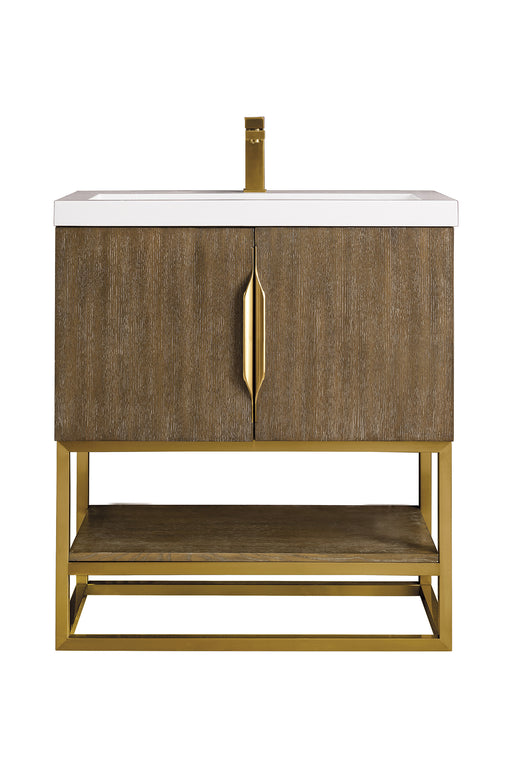 James Martin Furniture - Columbia 31.5" Single Vanity Cabinet, Latte Oak, Radiant Gold, w/ White Glossy Composite Countertop - 388V31.5LTORGDWG - GreatFurnitureDeal