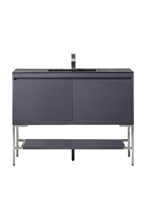 James Martin Furniture - Milan 47.3" Single Vanity Cabinet, Modern Grey Glossy, Brushed Nickel w-Charcoal Black Composite Top - 801V47.3MGGBNKCHB - GreatFurnitureDeal