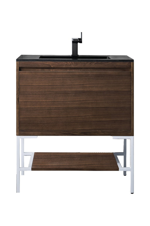 James Martin Furniture - Milan 31.5" Single Vanity Cabinet, Mid Century Walnut, Glossy White w-Charcoal Black Composite Top - 801V31.5WLTGWCHB - GreatFurnitureDeal